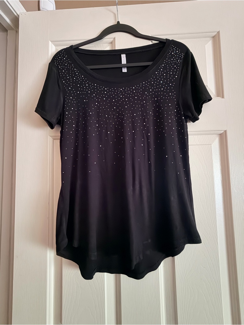 Pj Couture Black Short Sleeve Scoop Neck Top with Rhinestones